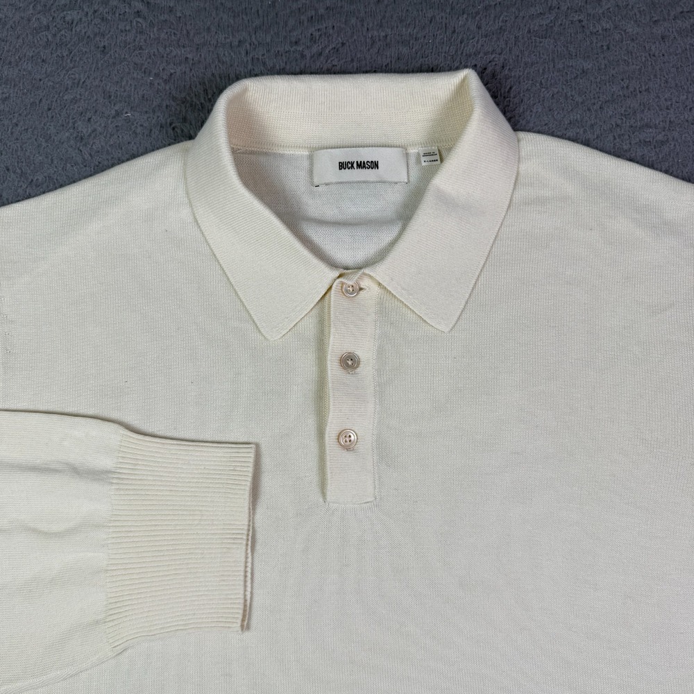 Buck Mason Cashmere Sweater Polo Shirt Mens XL Sand Cream Long Sleeve